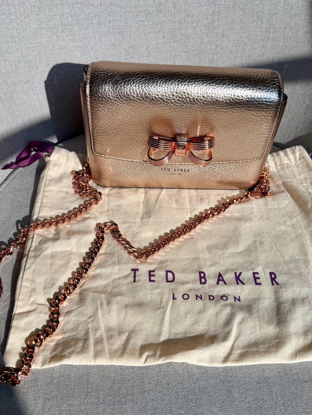 Ted Baker Metallic Rose Gold Bow Crossbody Bag EUC